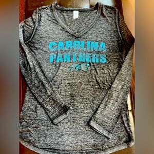Carolina panthers women’s v neck L/S T, NFL label, lightweight black, stamp logo